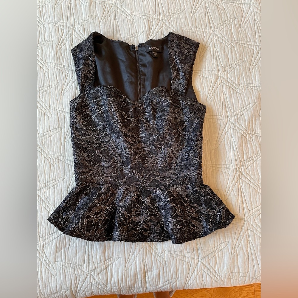 Bebe Shiny Y2K, Classy  XXS Grey/ Black Metalic Pelpum Top Corset Nwot